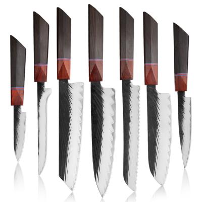 China Sustainable Handmade Knife Set 1-7PCS Japanese Three-layer Sandalwood Handle Plated Steel Black Chef Knives Slicing Santoku Knife for sale