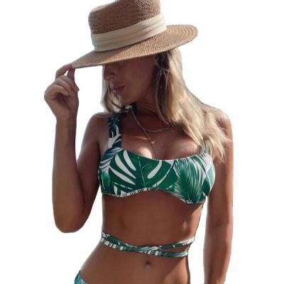 China 2022 breathable European and American sexy green swimsuit women's three-piece leaf printing lace-up bikini for sale