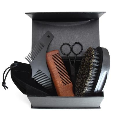 China Wholesale Stocked Men's Beard Brush Grooming Balancing Care Kit Set Stainless Steel Beard Styling Wooden Comb Scissors Comb for sale