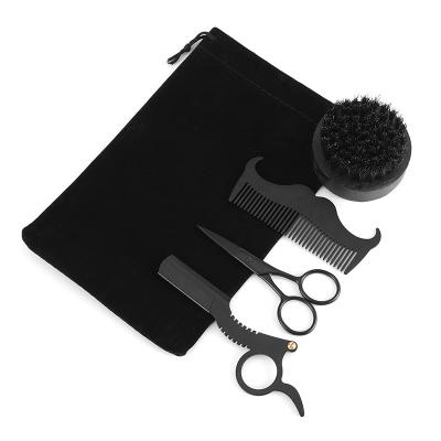 China Custom Stocked Logo Men Black 5 Piece Boar Hair Brush Trim Beard Care Set Grooming Kit Beard Brush Set for sale