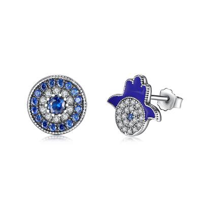 China Trendy Blue Cubic ZirconTurkish Sterling Silver Rhodium Plating 925 Hamsa Eye Stud Earring for sale