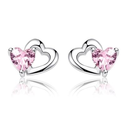 China Trendy Shinning Pink CZ 3A Gemstone Rhodium Plated 925 Sterling Heart Stud Earrings Silver Plated for sale