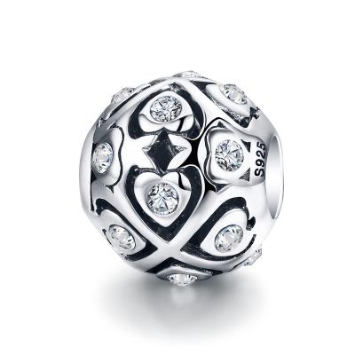 China FASHION Round Metal Crystal Cubic Zircon Heart Pattern Bead Sterling Silver 925 Charms for sale