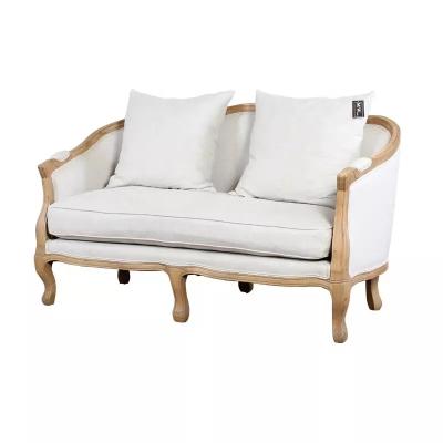 China MME WOODS Handmade French Style White Solid Oak Wood Carved Arms Sofa Love Seat Pillow Oak Upholstered Legs for sale