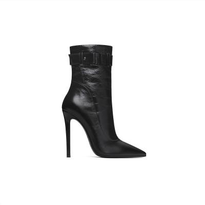 China Autumn and winter new style breathable leather pointed toe short boots plus velvet women's boots European and American sexy high stiletto for sale