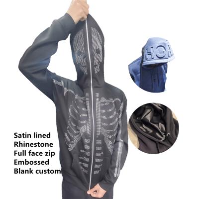 China Custom Logo Mens Women Unisex Silk Anti-Wrinkle Satin Striped Rhinestone Full Face Zipper Skeleton Embossed Hoodie for sale