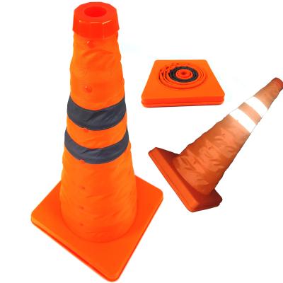 China Hot Sale Height Adjustable Fluorescent Orange Roadway Safety Collapsible Collapsible Traffic Cone With TOP LED Light for sale