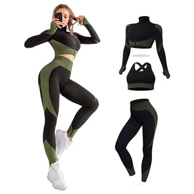 China 2022 Custom Women Breathable Seamless Sport Yoga Conjuntos Wear Gym Fitness Set Plus Size 3 Pieces Workout Stretch Activewear Clothing for sale