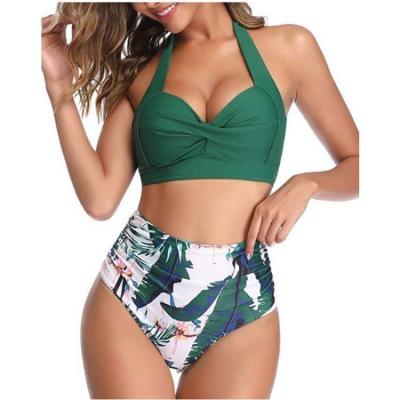 China 2022 Breathable Sexy Halter Ruched Two Piece Bikini Ladies Retro Vintage Swimsuit High Waist Swimwear For Women for sale