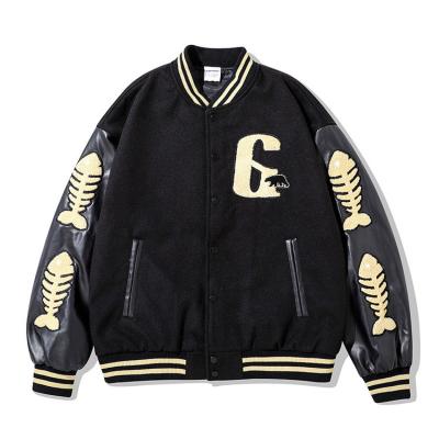 China New Contrast Color Hip Pop Mens Letterman Flight Bomber Custom Bone Reversible Baseball Varsity Leather Jacket for sale