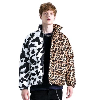 China 2021 Trend Breathable Unisex Couple Thicken Cow Leopard Print Color Block Custom Men's Quilted Fabric Winter Jacket for sale