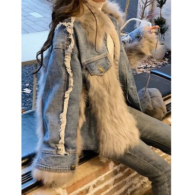 China New Design Reversible 2021 Winter Winter Fluffy Collar Ladies Women Fur Coat Artificial Denim UV Jean Jacket for sale