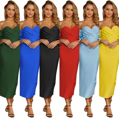 China 2021 Solid Color Anti-wrinkle Long Sleeve Simple Irregular Modern Ladies Banquet Women Elegant Casual Evening Dresses With Zipper for sale