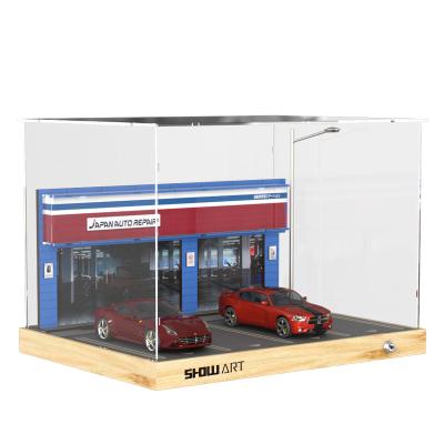 China Handmade diy solid wood model acrylic car display box repair store scene garage parking model 1:32 wooden car model for sale