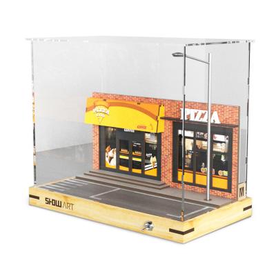 China Handmade diy solid wood model 1:32 display box pizzeria scene garage model wood acrylic car parking lot model for sale