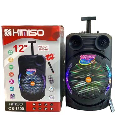 China No QS-1300 Kimiso Wireless 12 Inch Outdoor Stage HiFi Column Speaker Trolley Case Speakers with Microphone USB TF FM LED Light for sale