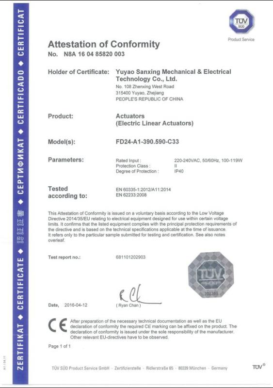 CE - Yuyao Sanxing Mechanical & Electrical Technology Co., Ltd.