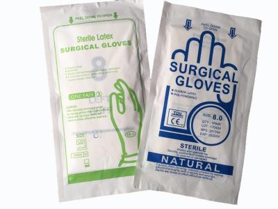 China Disposable latex sterilized surgical gloves,powdered free.White color. One pair/pouch for sale