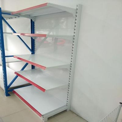 China OEM High Quality Single Sided White Metallic Steel Blue White Steel Supermarket Gondola Display Style Gondola Display Style Heavy Layer Racks for sale