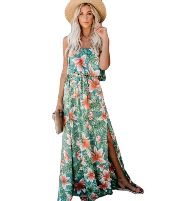 China Dry Cleansing Shoulder Ruffles Long Slit Dress Printing Sexy Fashion Women Beach Wear for sale