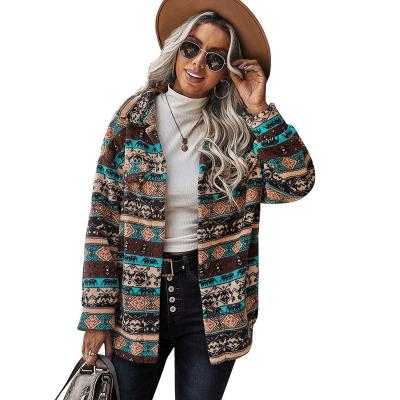 China 2022Aztec Printing Reversible Fleece Winter Cardigan Women Warm Casual Jacket Tops for sale