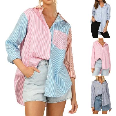 China Contrast Colors Anti-pilling Patchwork Blouse Shirts Women's Striped Pocket Single Breasted Long Sleeve Shirt for sale