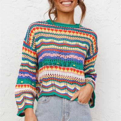 China 2022 Autumn winter new patchwork QUICK DRY knitting sweaters loose casual rainbow knitted sweaters women's clothing for sale