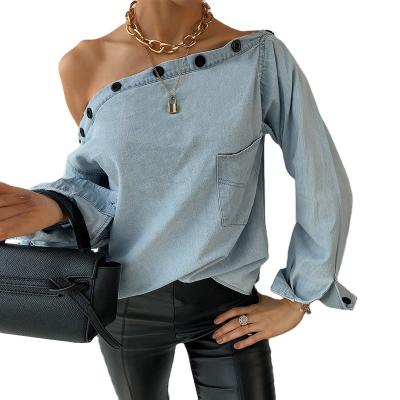 China Viable Off The Shoulder Button Womens Blouse Elegant Women Cut Neck Long Sleeve Denim Shirt Tops Cheap Wholesale Ladies Clothing Loose Top for sale