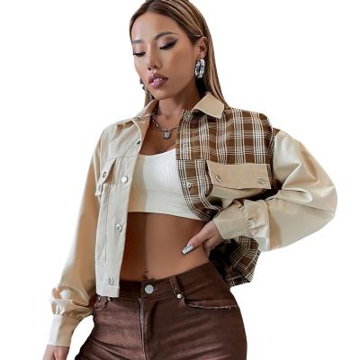 China 2022 Anti-Wrinkle Women's Spring and Autumn Corduroy Casual Plaid Stitching Color Loose Straight Lapel Shorts Jacket Women for sale