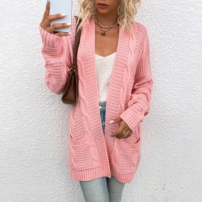 China Chunky Knit Cardigan Women's Front Knitted Knitwear Jacket With Open Pockets Long Cable 2022 Autumn Reversible Winter for sale