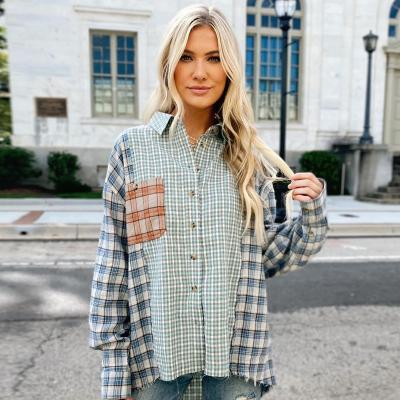 China New Anti-wrinkle contrast plaid tops pungent fringed houndstooth plaid shirt women top blouse for sale