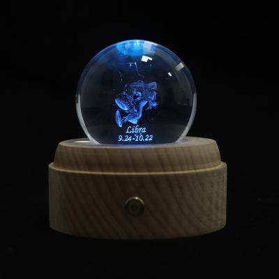 China EUROPEAN 12 Constellation Aquarius Wooden Led Crystal Ballll Night Light Music RGB Decoration Mood Low Lamp With Rechargeable Battery for sale