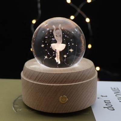 China Girls Gift LED Light Ballet Crystal Ball Night Light 3D Wooden Creative Wooden Low Table Light With Music Box for sale