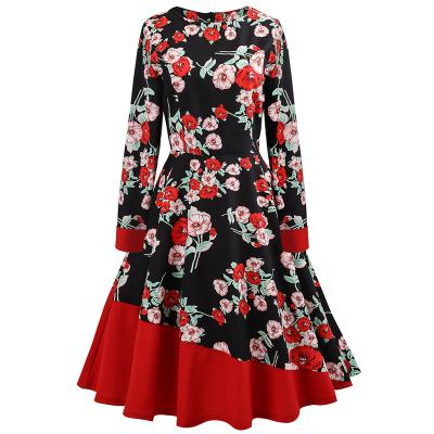 China Breathable Women Long Sleeve V Neck Floral Mini Swing Dress Wedding Party Vintage Dresses Elegant Women for sale