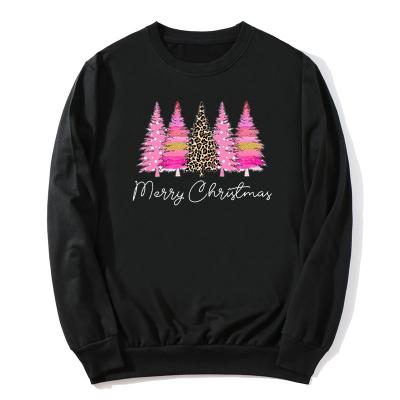 China Anti-pilling New Design Leopard and Christmas Tree Neck Hoodie EcoSmart Crewneck Pink Round Sweatshirt for sale