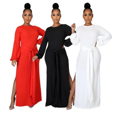 China Amazon New Breathable Solid Color Casual Split Dress Long Dress Women Casual Maxi Dress Women for sale