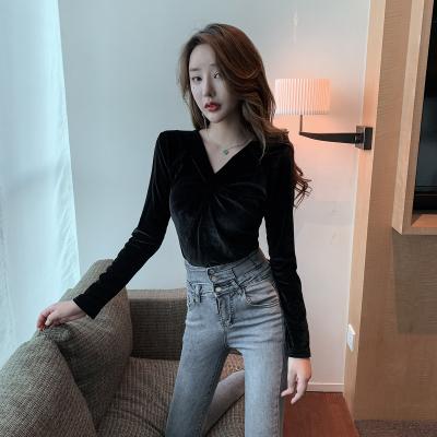 China New Breathable Fashion Vintage V-Neckline Crossed Velvet Top For Women Slim Bottom Long Sleeve T-Shirt For Women for sale