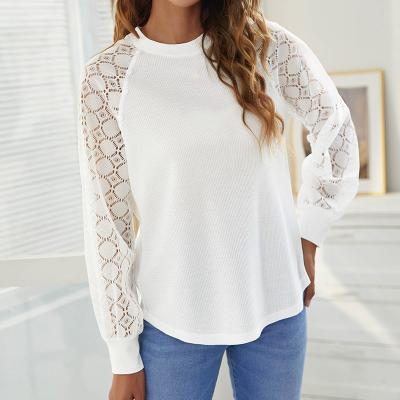 China 2022 Fashion Round Sleeve Collar Round Sleeve Stitching Female Lace Blouse Shirt Tops Wholesale Breathable Long for sale