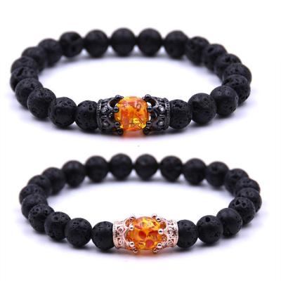 China Natural Hiphop 8mm Crown Charm Bead Bracelet Volcanic Rock Energy Bracelet Lava Stone Beads Micro Paved CZ For Women Men for sale