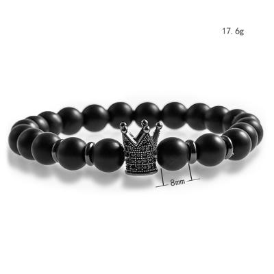 China New Fashion Punk 8mm Obsidian Onyx Crown Handmade Zircon Beads Bracelet CZ Micro Pave Crown Bracelet For Women Men Jewelry for sale