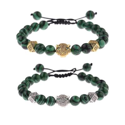 China FASHIONABLE high quality natural green 8mm gold silver malachite micro pave main CZ leopard charm braid bead charm bracelet for sale