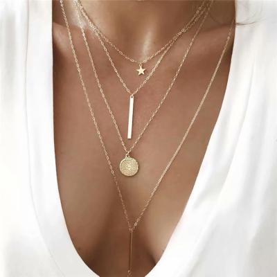 China FASHIONABLE Zinc Alloy Star Round Multiply Necklace Four Disc Single Layer Vertical Alloy Lady Star Pendant Necklaces For Women for sale