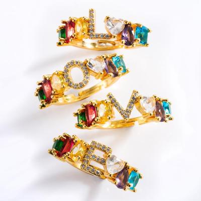 China FASHIONABLE wholesale colorful fine jewelry alphabet zircon 2021 high quality gold initial ring for women for sale