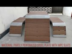 Steel and wood plastic composite WPC outdoor urban street bench furniture patio tables