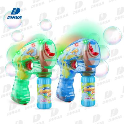 China Transparent Battery Operated LED Blaster Blower Machine Shooter Light Up Bubble Gun with Bottle Solution for Kids Summer Outdoor Play for sale