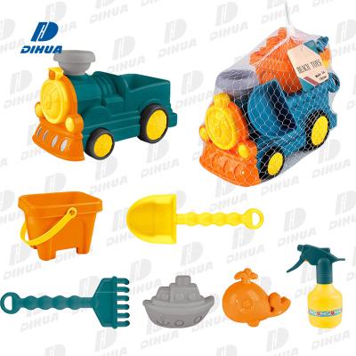 China Funny Summer Outdoor Beach Sand Toys For Kids 7pcs With Train, Bucket, Sprinkler Can, Shovels Mold Kits Sand Toys for sale