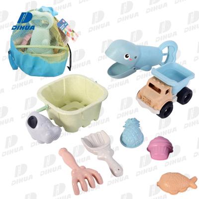 China Biodegradable Biodegradable Beach Toy Outdoor Toys for Kids 9 Piece Sand Toys Set Bucket with Mesh Bag, Shovels, Rakes, and Vehicle Model for sale