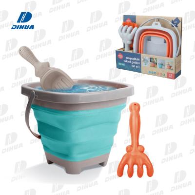 China Silicone Portable Silicone Sand Bucket Toys Folding Bucket Tool Combination Sand Toys for Kids Includes Shovel Tool Kit Summer Beach Toy for sale