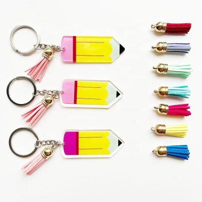 China Fashional Keepsake Gifts Wholesale 14 Colors Blank Acrylic Keychain With Sublimation Clear Plastic Pencil Teacher Tassel for sale