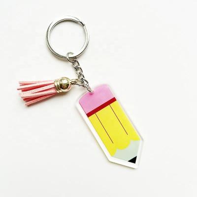 China Fashional Keepsake Gifts Customized White Tassel Acrylic Key Chain Teacher's Day Pencil Key Chain for sale